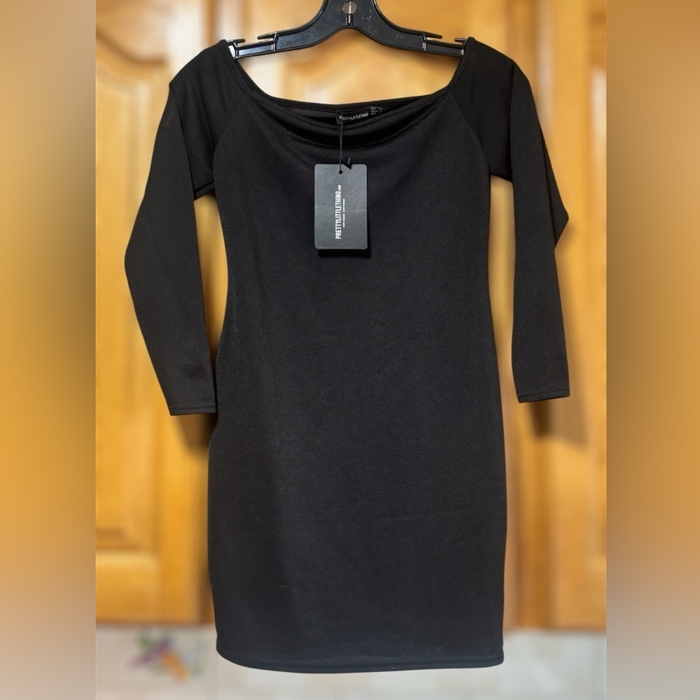 NWT PrettyLittleThing Black Bardot Bodycon Mini Dress Size 8